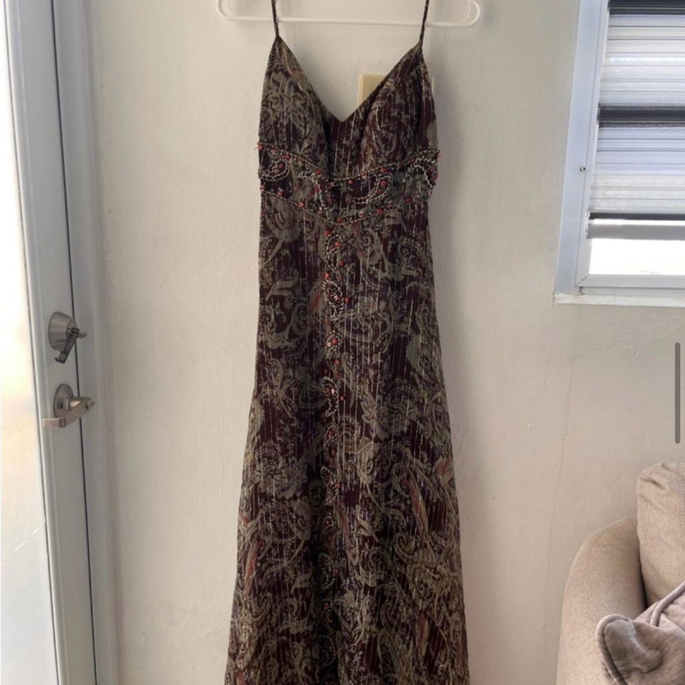 Spaghetti Strap Paisley Maxi Dress in Brown